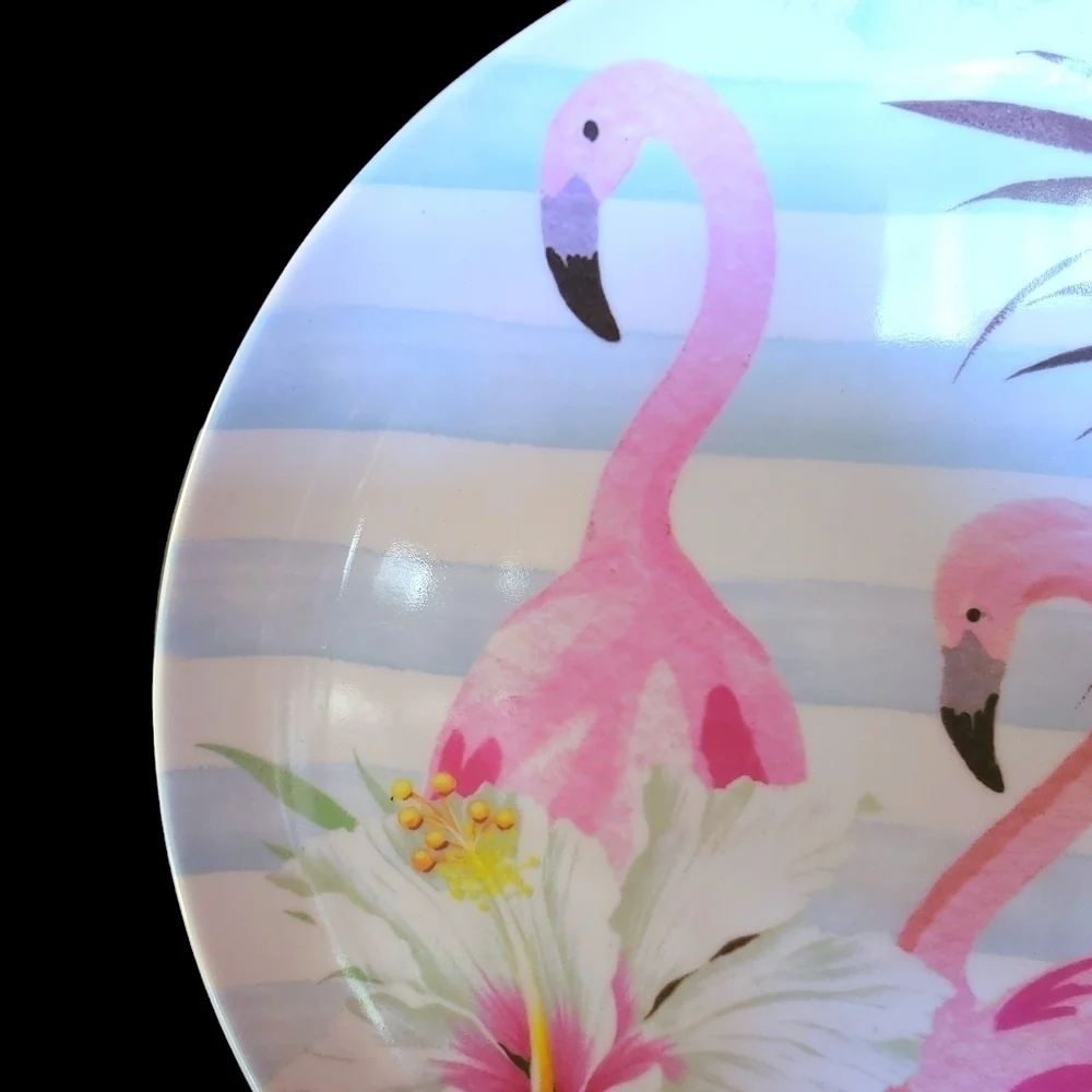 6pc Tropical Pink Flamingo Palm Hibiscus Flower Melamine Dinner Plate Set New